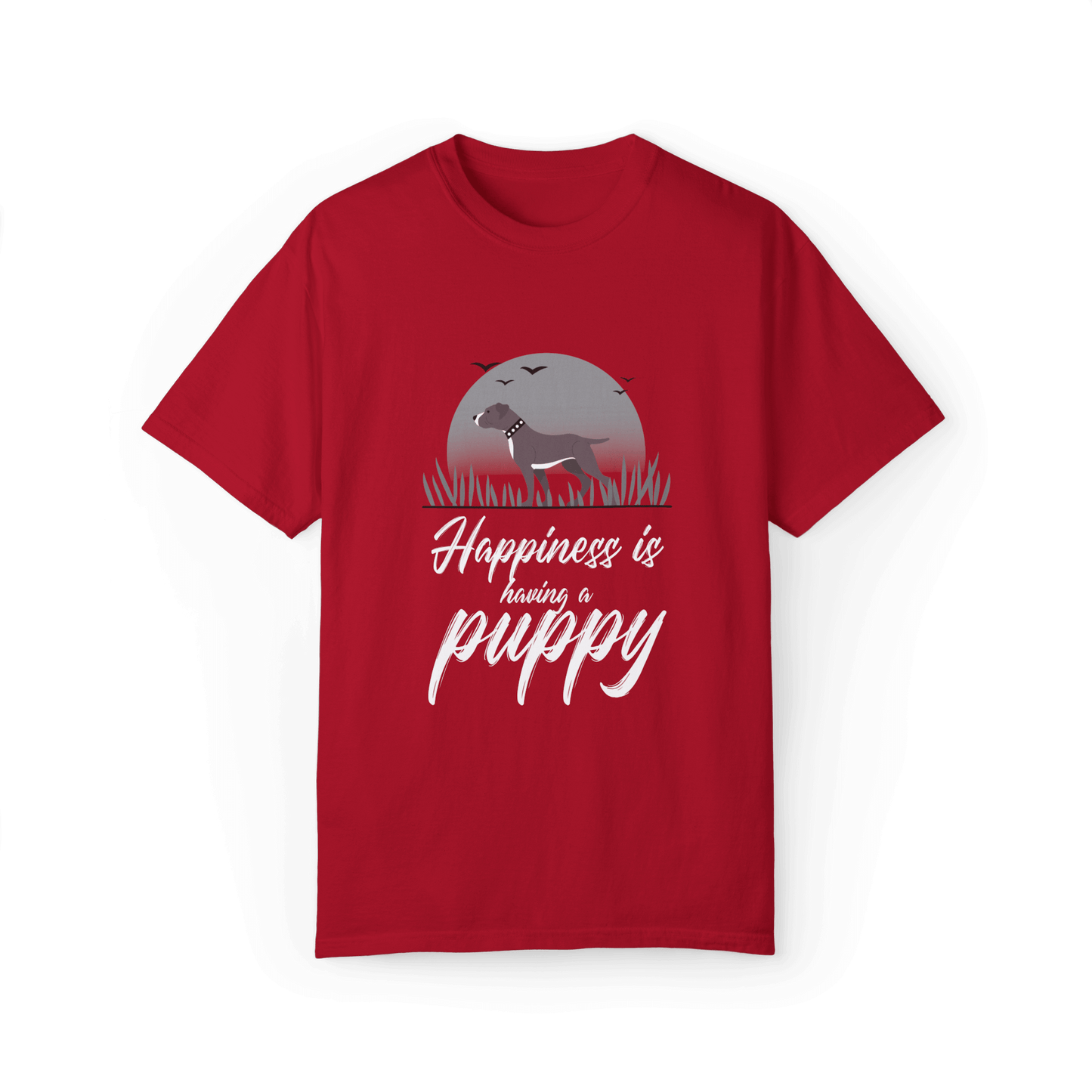 Red T-shirt with a Pitbull puppy design under a gray moonlit background, featuring white text 'Happiness is having a puppy,' perfect for dog lovers.