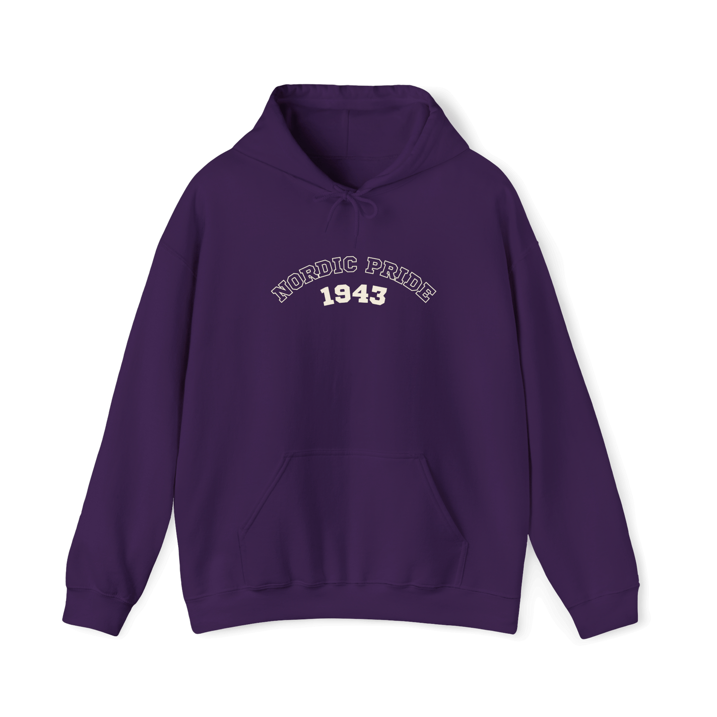 Purple hoodie featuring "NORDIC PRIDE 1943" design, perfect for fans of Swedish Vallhund and relaxed fit apparel.