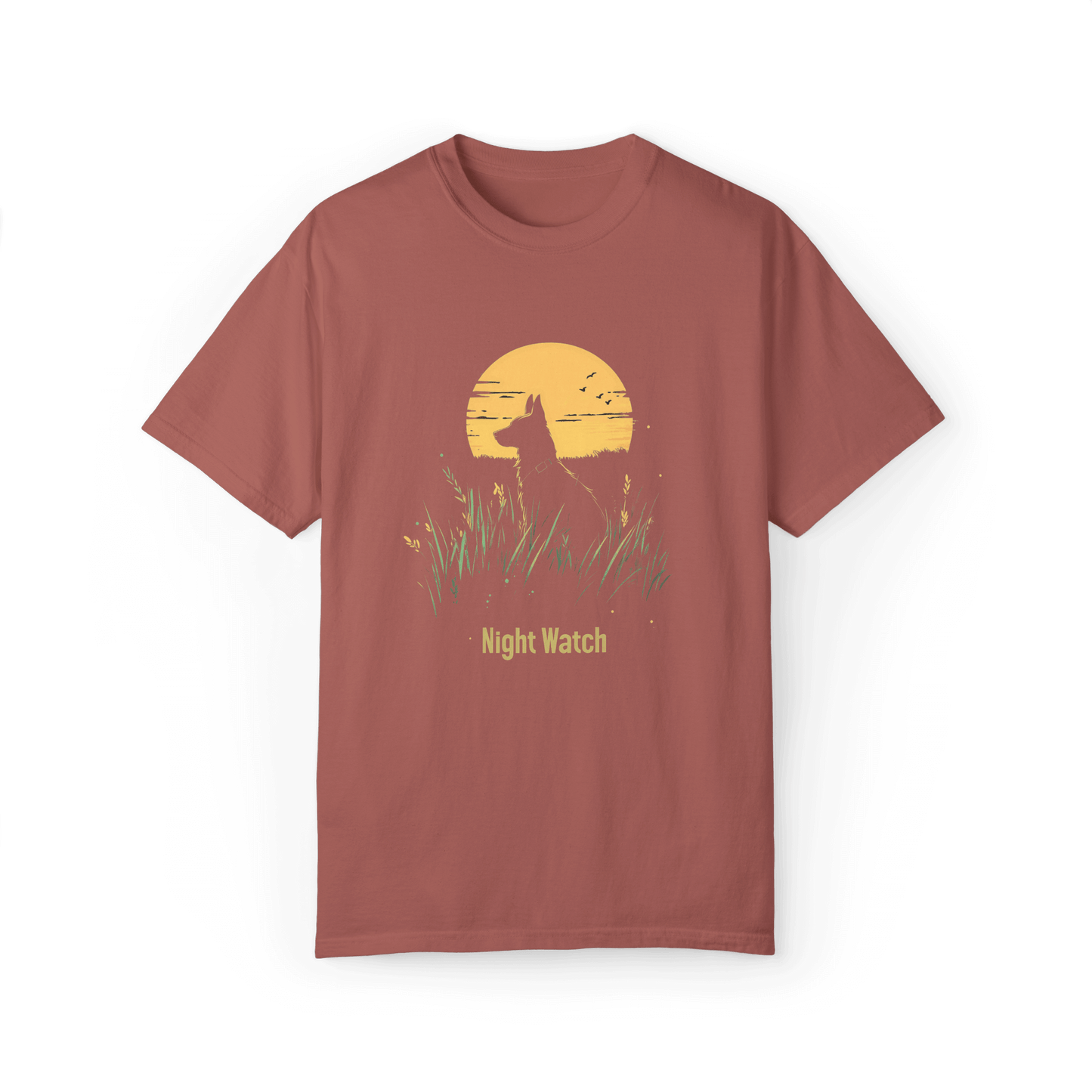 This rose-colored "Night Watch" T-shirt blends a dog's silhouette with the warm glow of the moon, creating a soft and protective ambiance. Perfect for those who appreciate comfort and minimalist style.