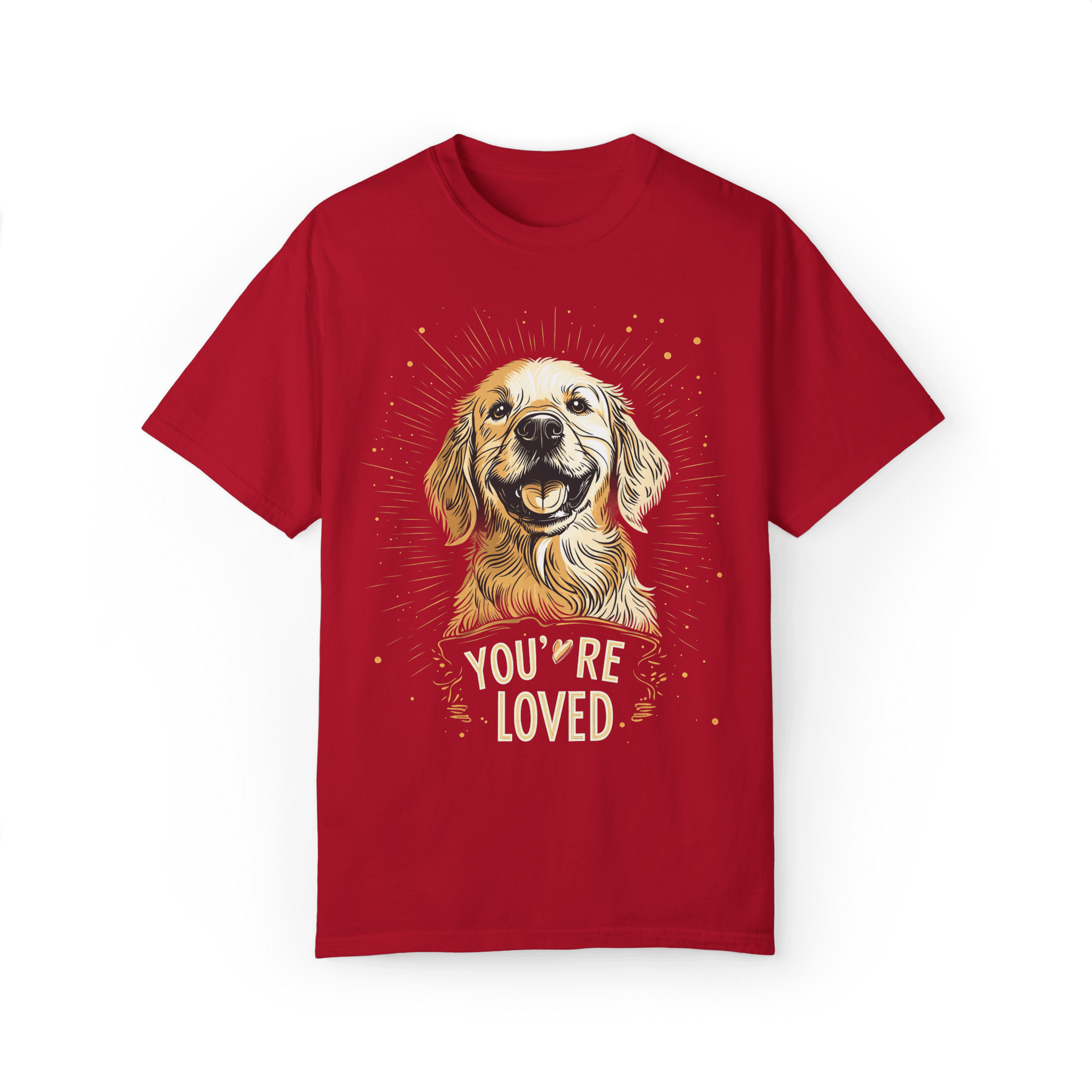 Red T-shirt featuring a smiling Golden Retriever illustration with the text 