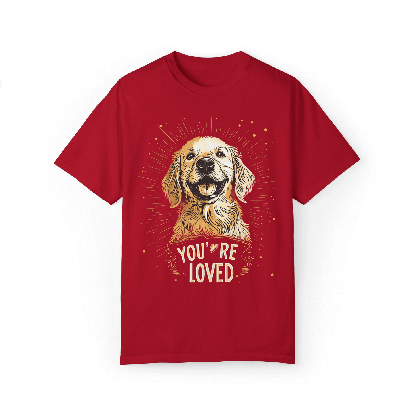 Red T-shirt featuring a smiling Golden Retriever illustration with the text "YOU'RE LOVED."