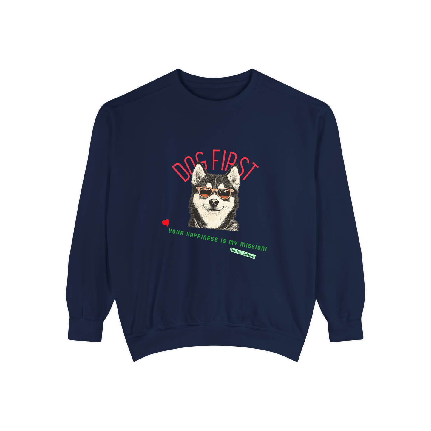 Navy blue sweatshirt featuring a Husky illustration and "Dog First" text design.