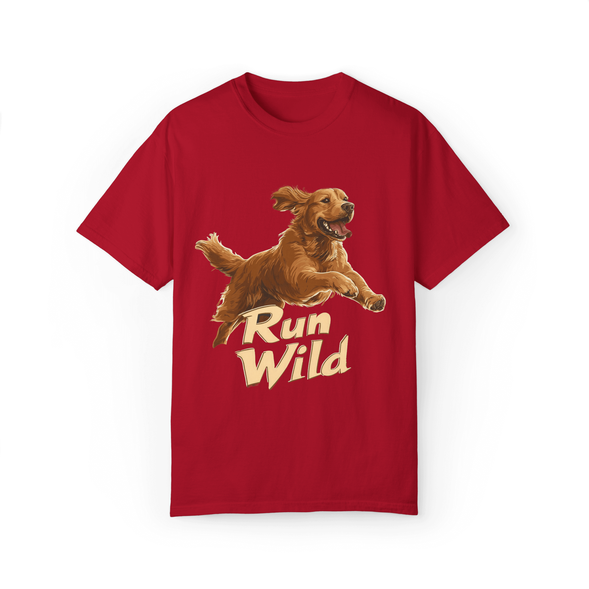 A red T-shirt featuring a lively running Golden Retriever with the text 