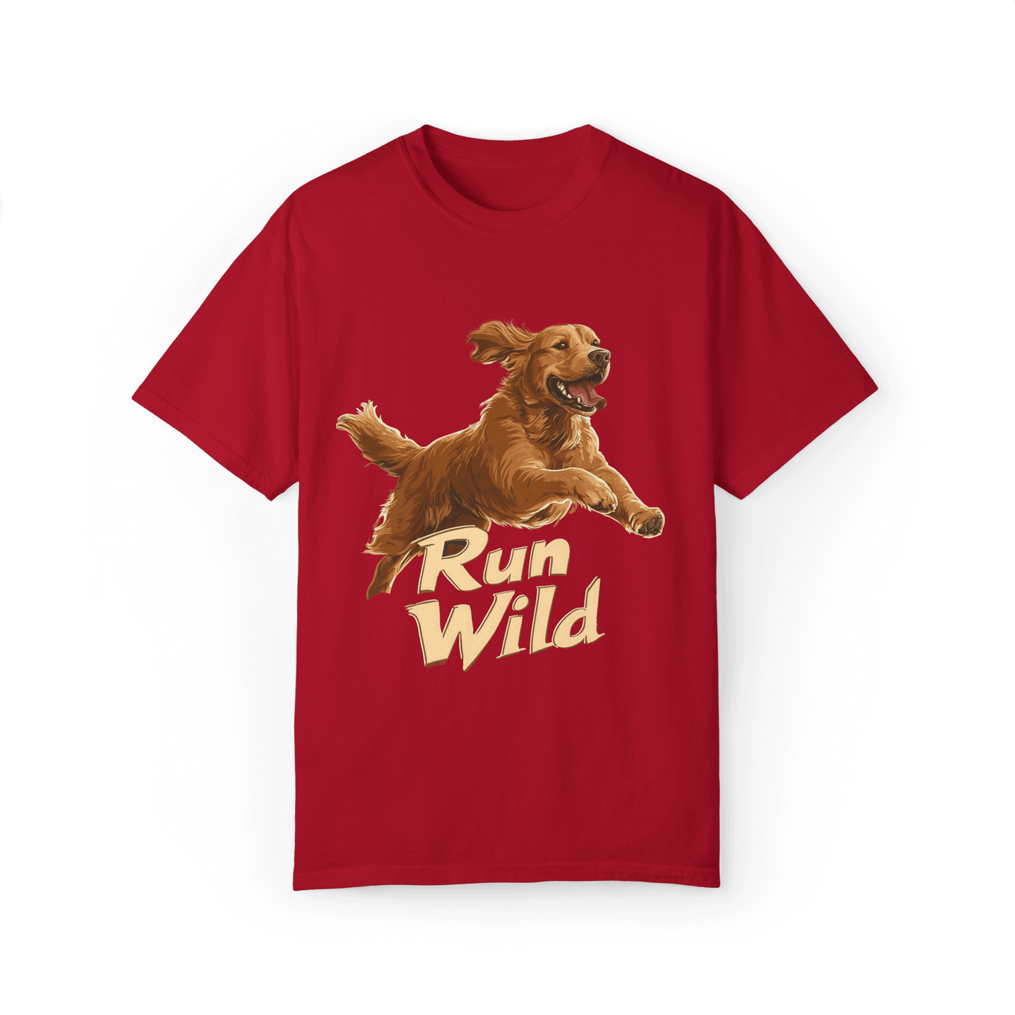 A red T-shirt featuring a lively running Golden Retriever with the text "Run Wild," exuding a sense of nature and freedom.