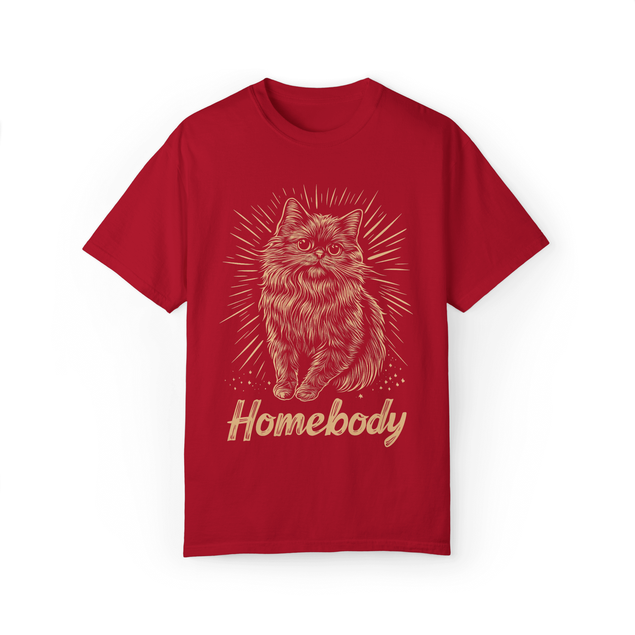 The image displays a red T-shirt featuring a Persian cat illustration at the center, surrounded by warm radiating lines. The word 