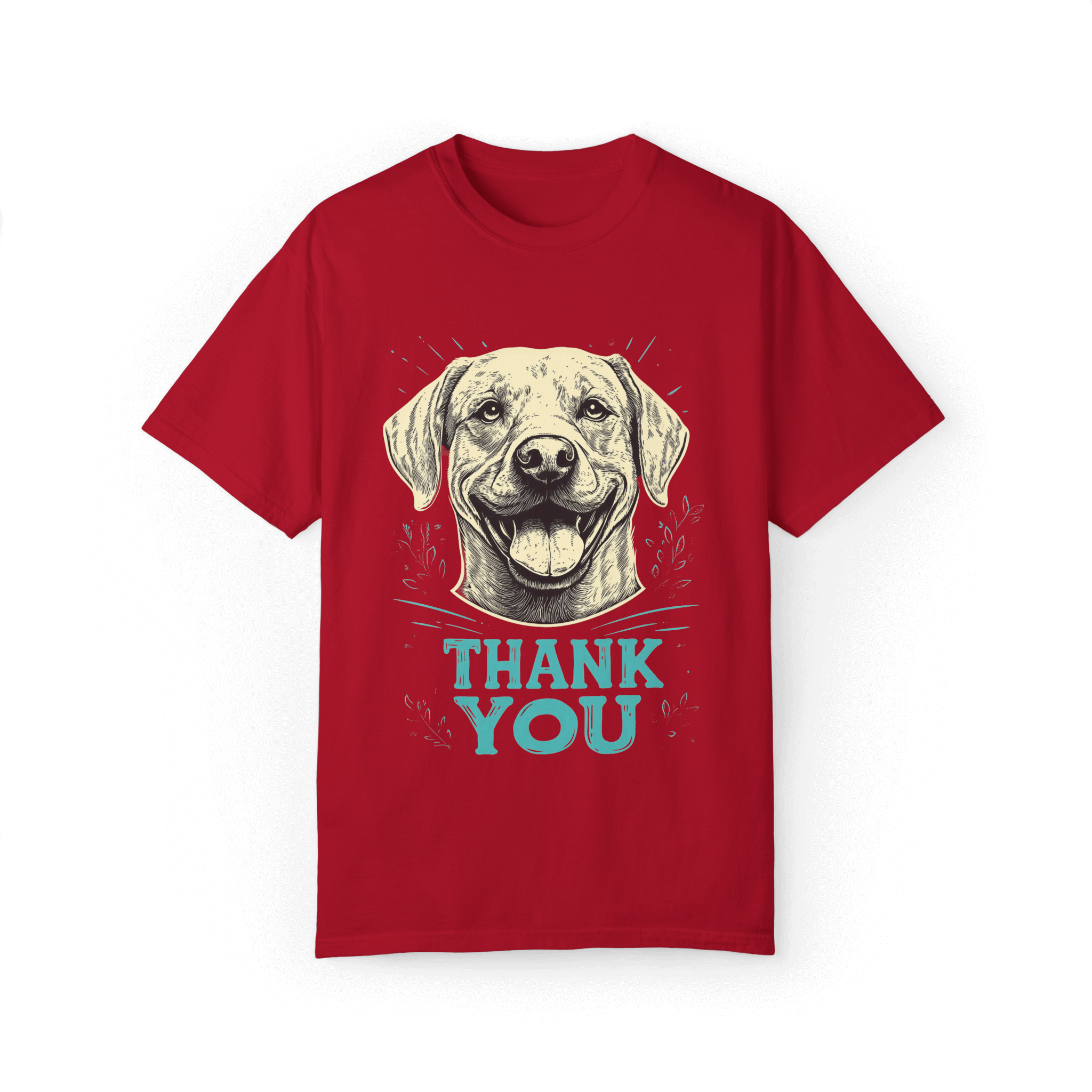 A red T-shirt featuring a smiling dog illustration with the text 