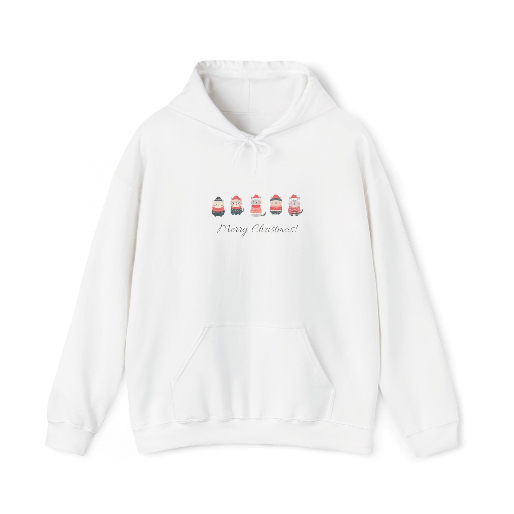 Cozy white hoodie with festive cats in Christmas sweaters and 'Merry Christmas!' text, perfect for holiday style.