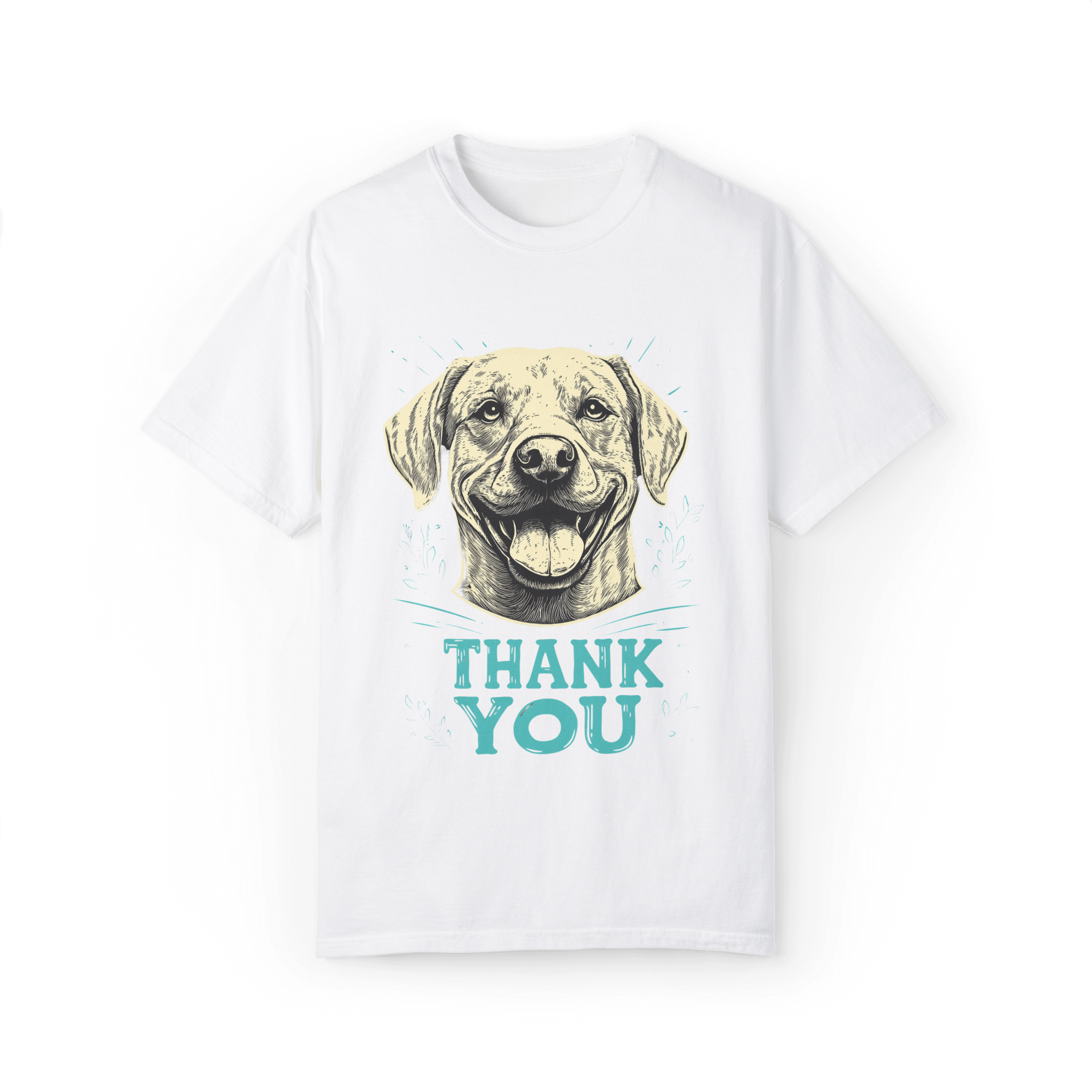 A white T-shirt featuring a smiling dog illustration with the text 