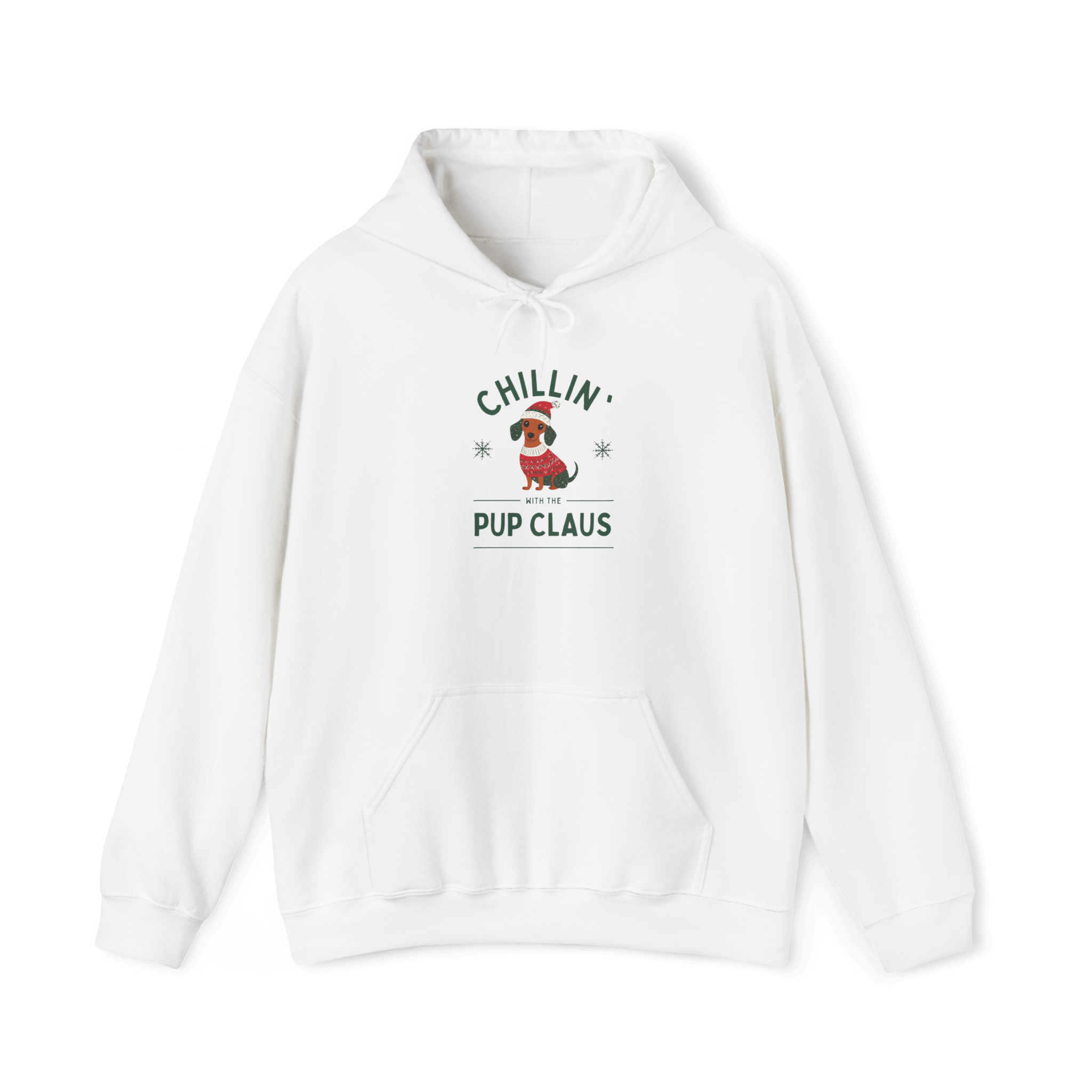 Chillin’ with Pup Claus hoodie in white, featuring a festive dog design, perfect for Christmas and holiday gatherings.