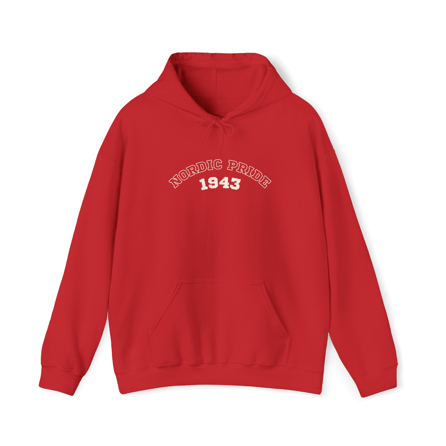 Relaxed fit red hoodie featuring "NORDIC PRIDE 1943" design, celebrating Swedish Vallhund heritage and style.