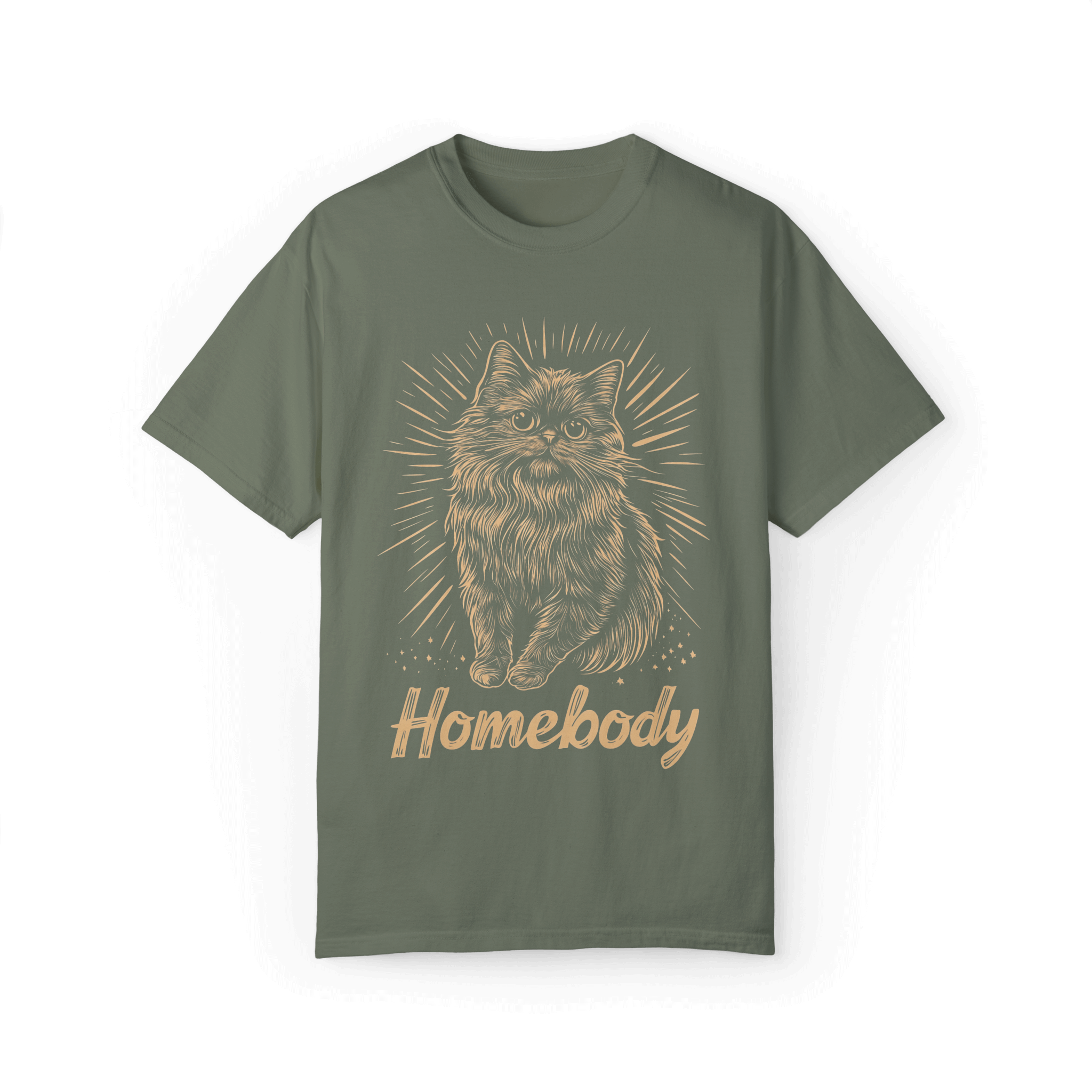 The image depicts a green T-shirt with an intricate Persian cat illustration surrounded by radiating lines, featuring the word 