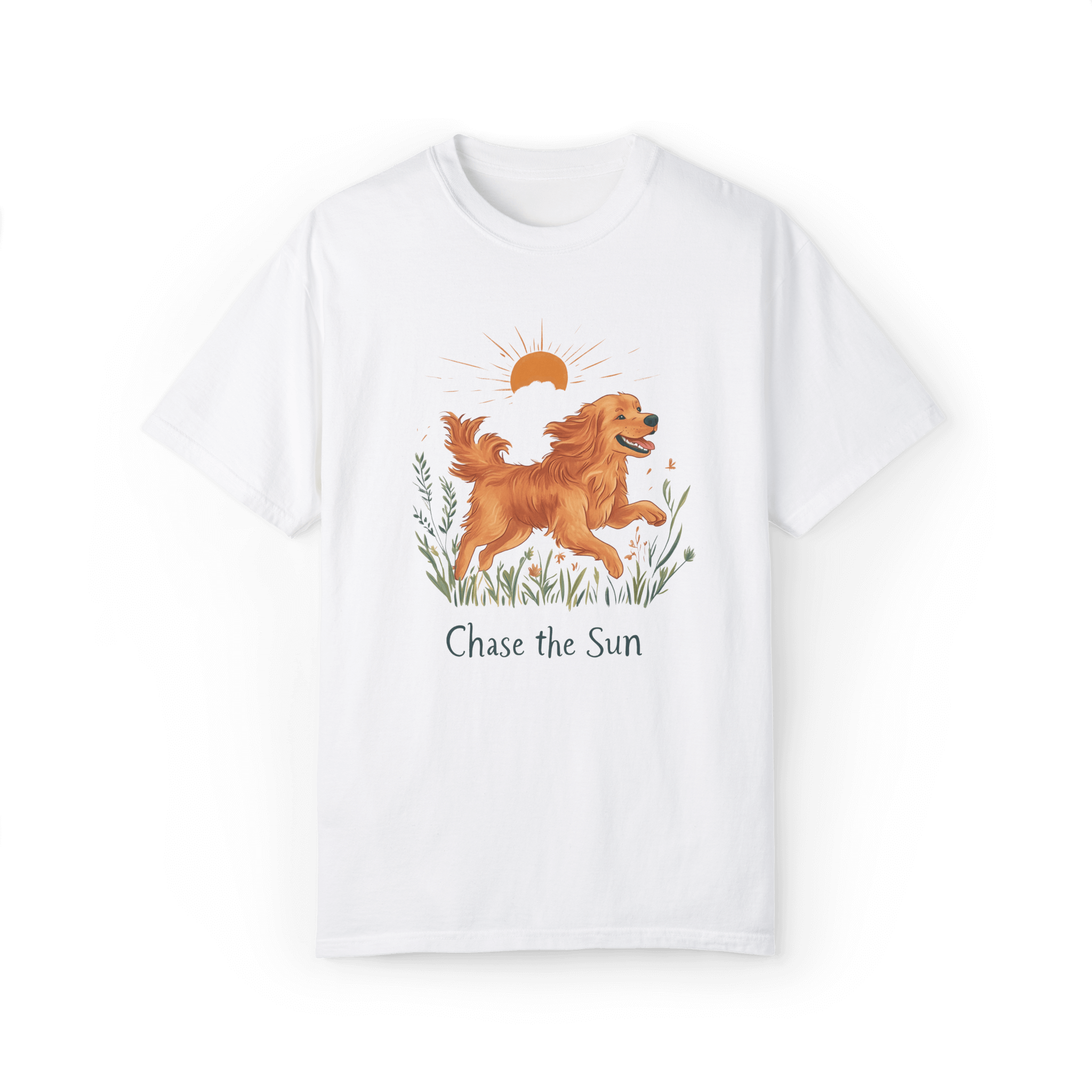 A white T-shirt featuring an illustration of a running golden retriever with a warm sun and wildflowers in the background, accompanied by the text 