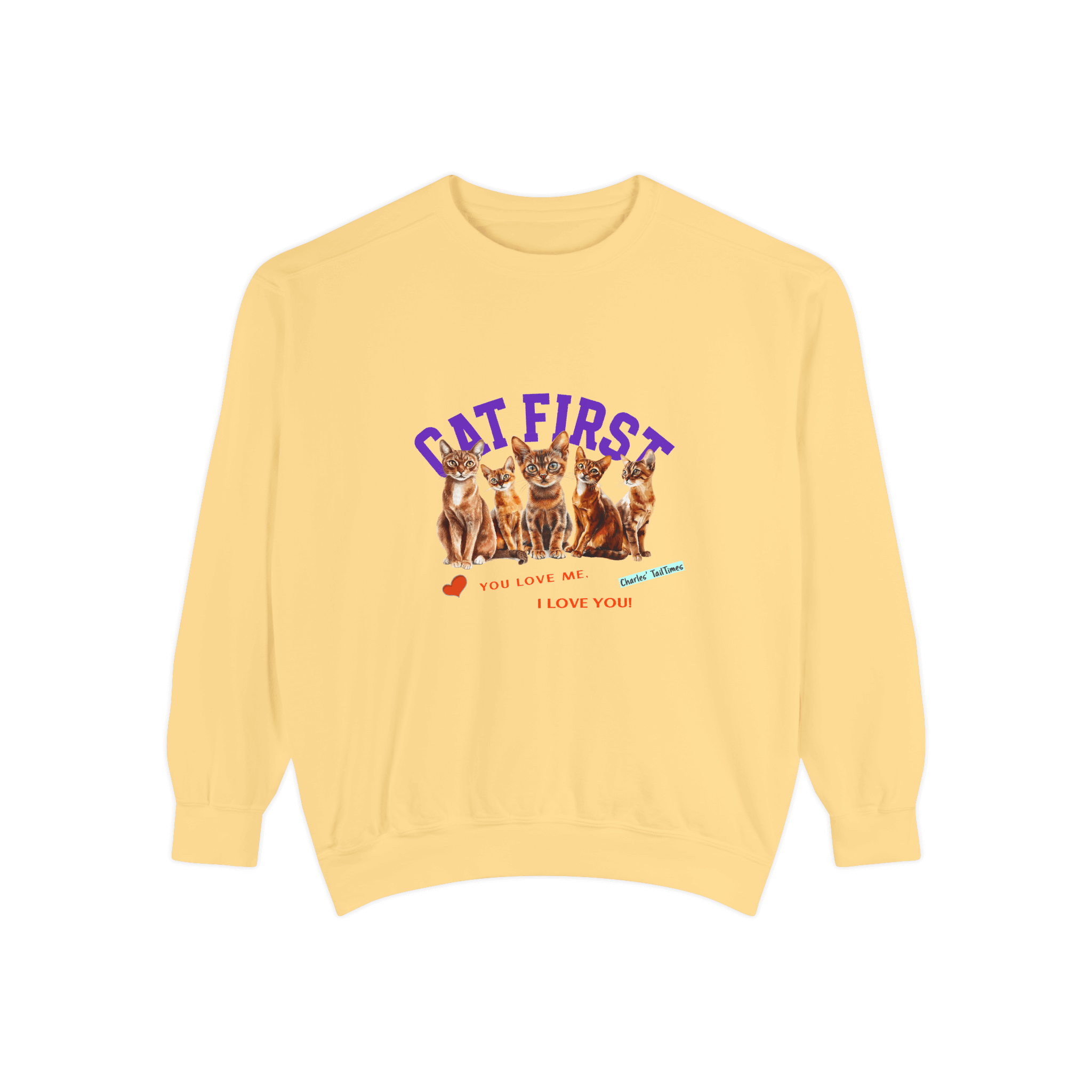 Yellow sweatshirt featuring Abyssinian cat illustrations, with the text 