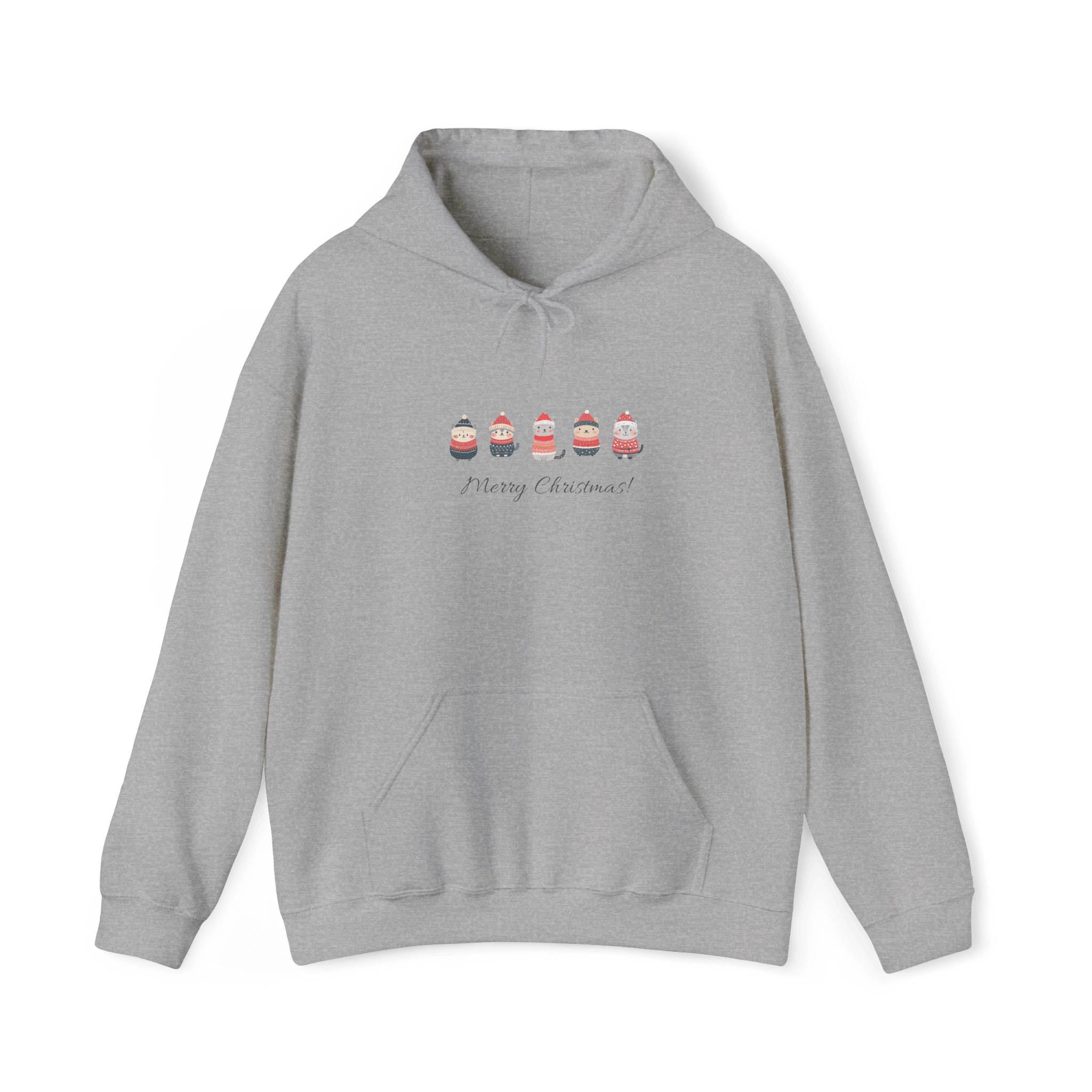 Cozy gray hoodie with festive Santa design and 'Merry Christmas!' message, perfect for holiday warmth and style.