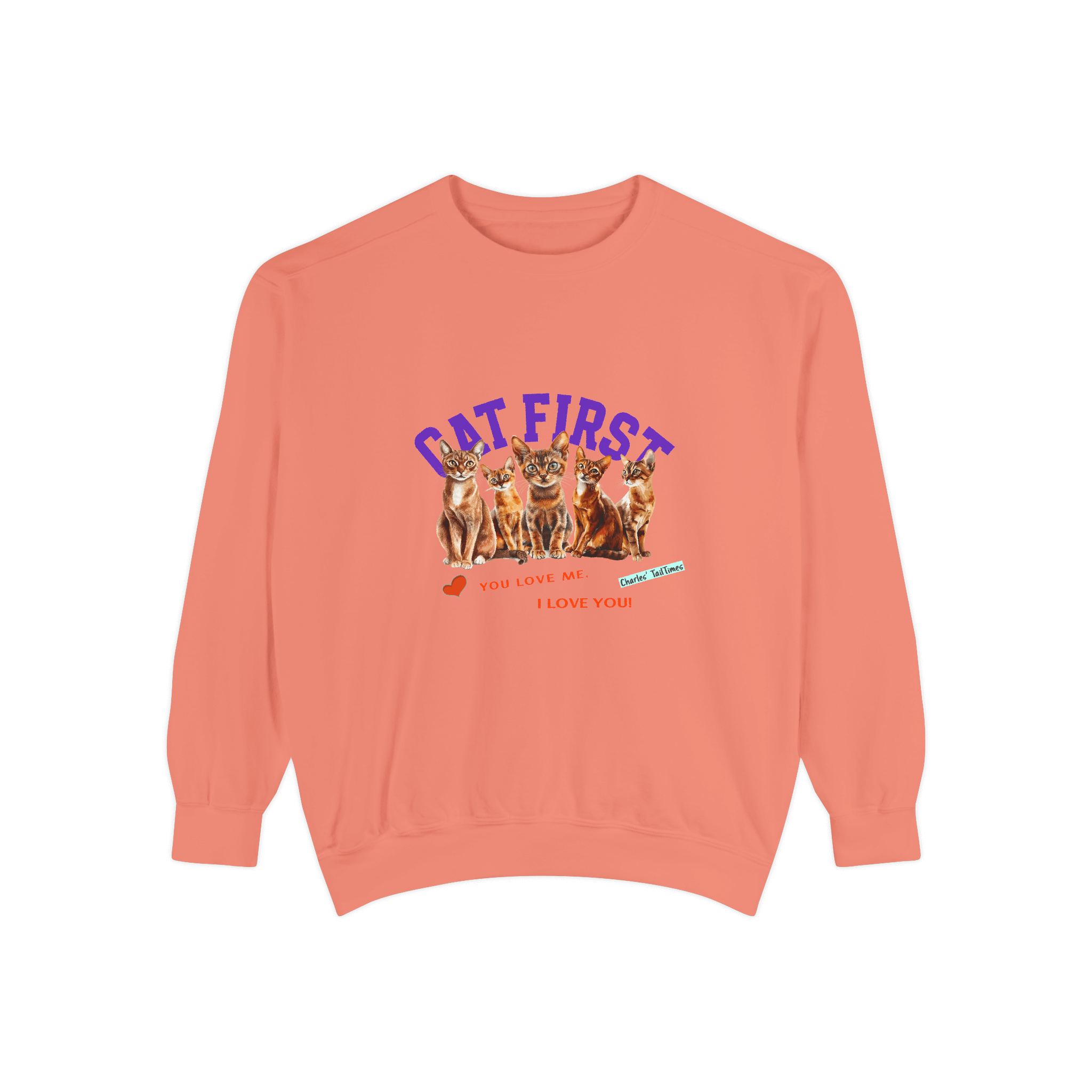 Coral orange crewneck sweatshirt featuring an illustration of five Abyssinian cats, with the purple text 