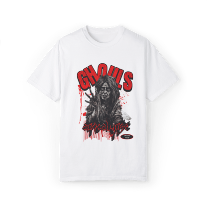 Graphic tee featuring a horror-themed design of ghouls, perfect for fans of eerie fashion and comfort.
