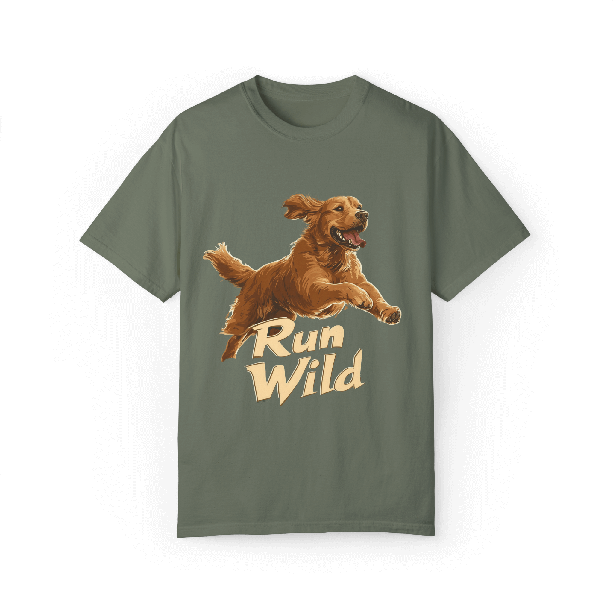 An olive-green T-shirt featuring a vibrant running Golden Retriever with the text 