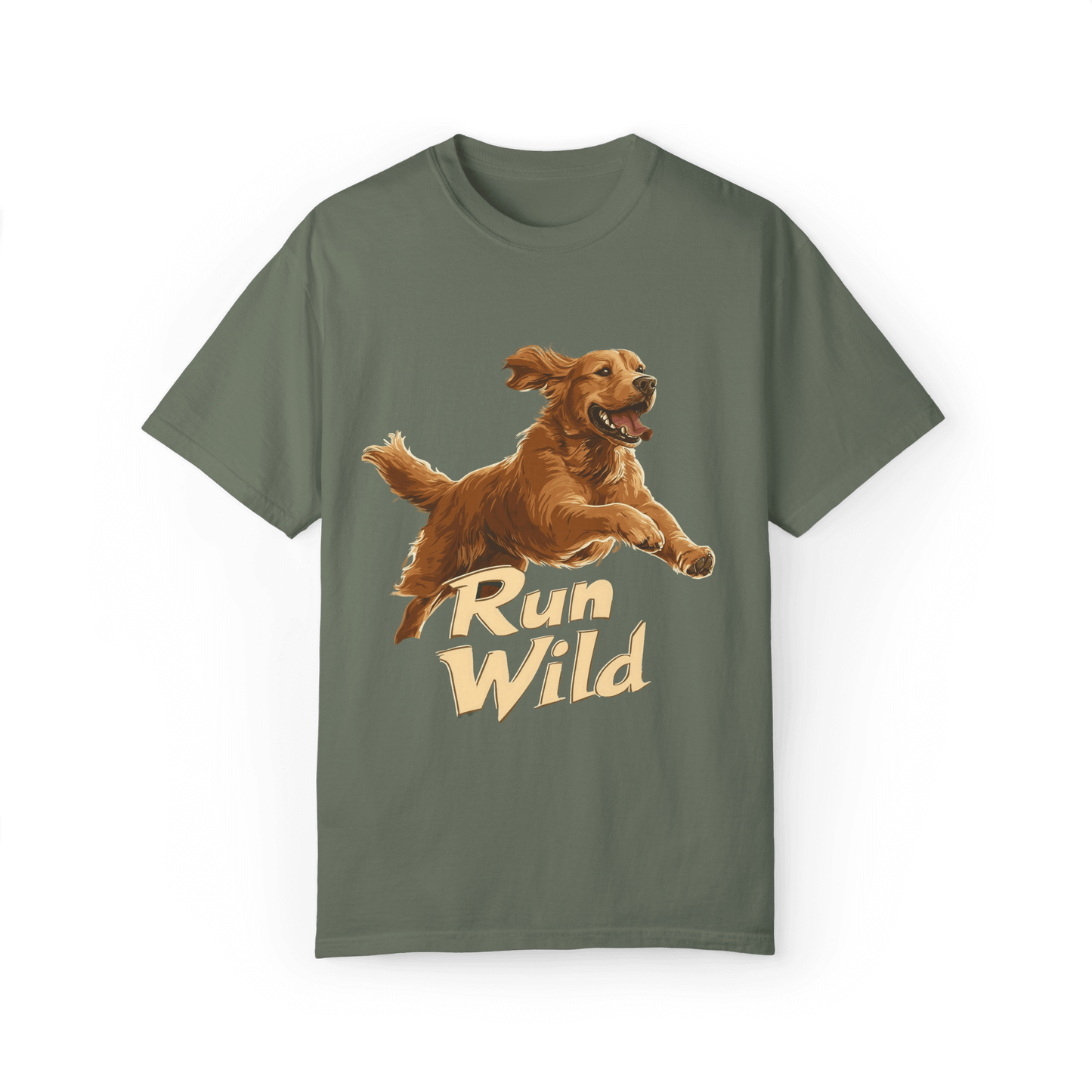 An olive-green T-shirt featuring a vibrant running Golden Retriever with the text "Run Wild," reflecting a sense of nature and freedom.