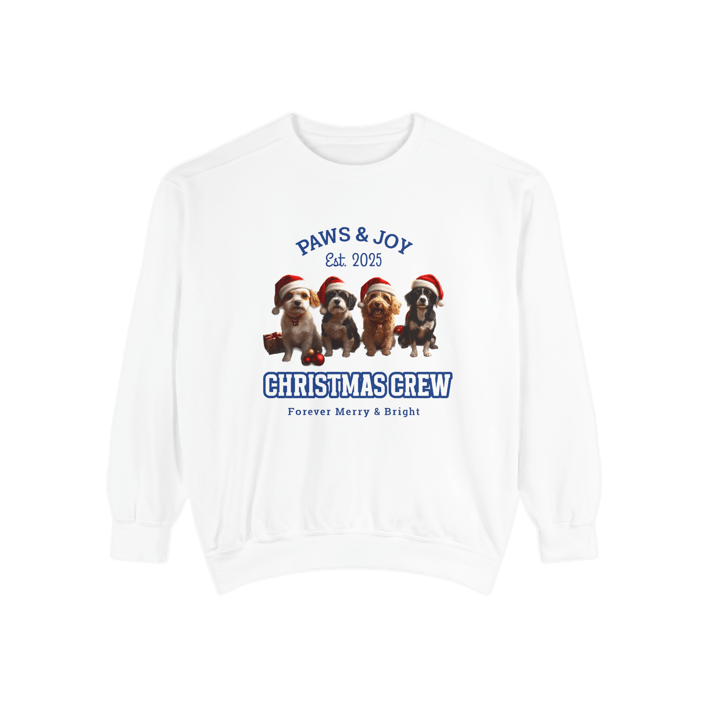 White Christmas-themed sweatshirt featuring "Christmas Crew" text and illustrations of four dogs wearing Santa hats, exuding a festive vibe.