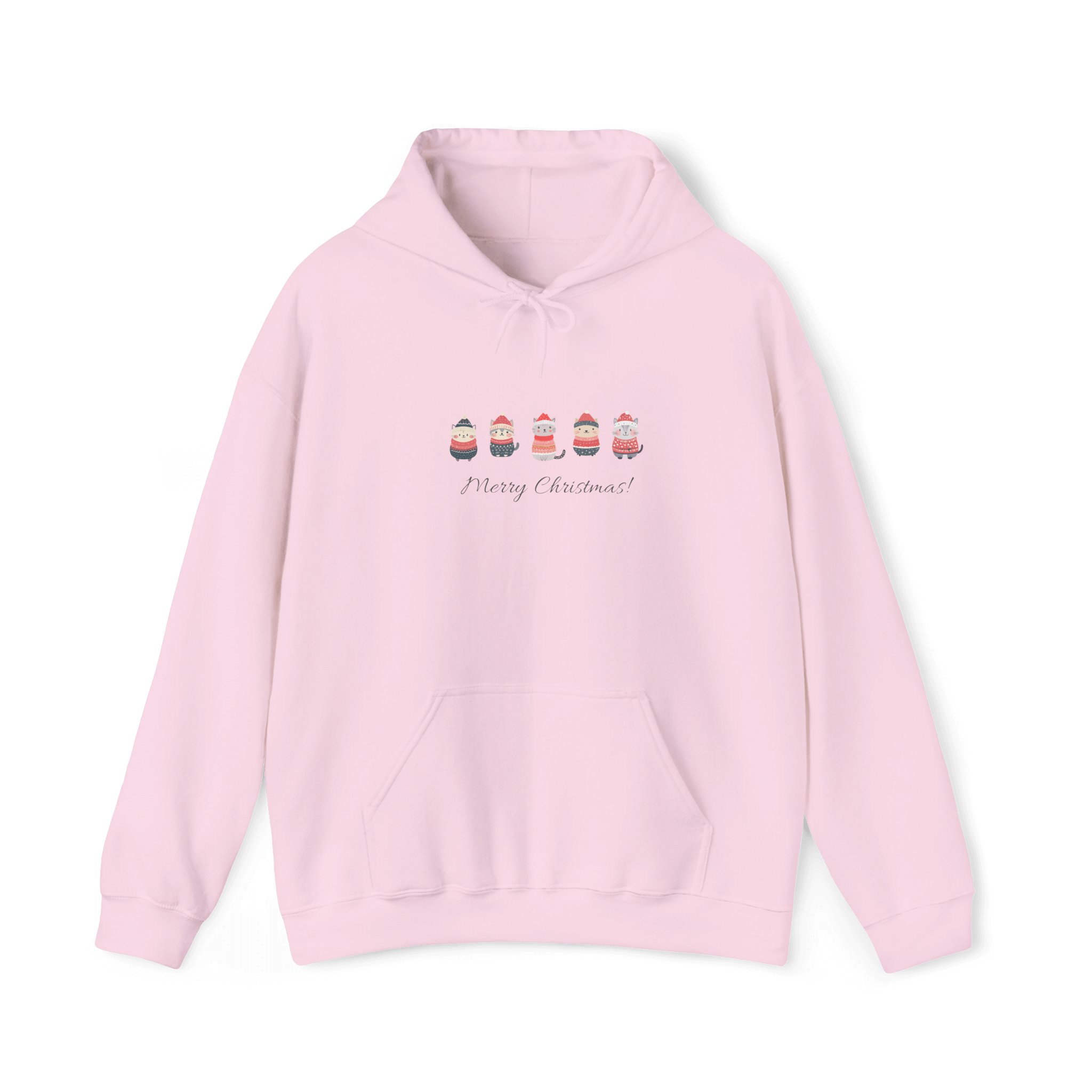 Cozy pastel pink hoodie with cute cats and 'Merry Christmas!' design, perfect for festive cat lovers.