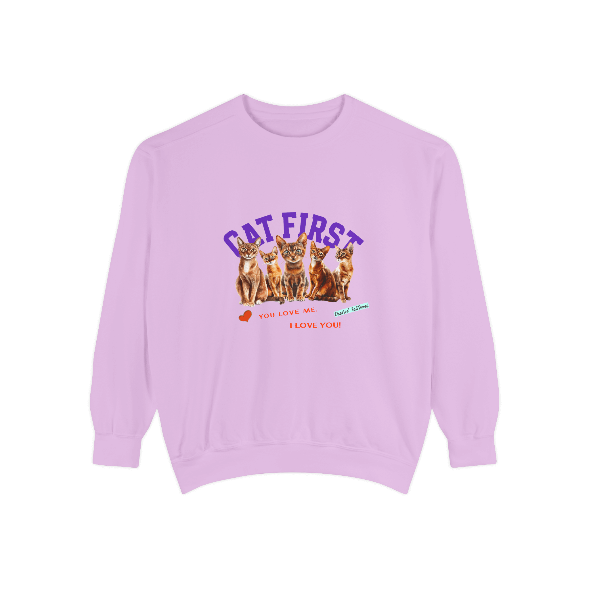 Light purple crewneck sweatshirt featuring an illustration of five Abyssinian cats, with the purple text 