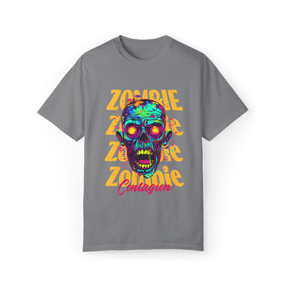 Zombie Contagion unisex t-shirt featuring a vibrant zombie graphic design, perfect for horror fans and comfort wear.