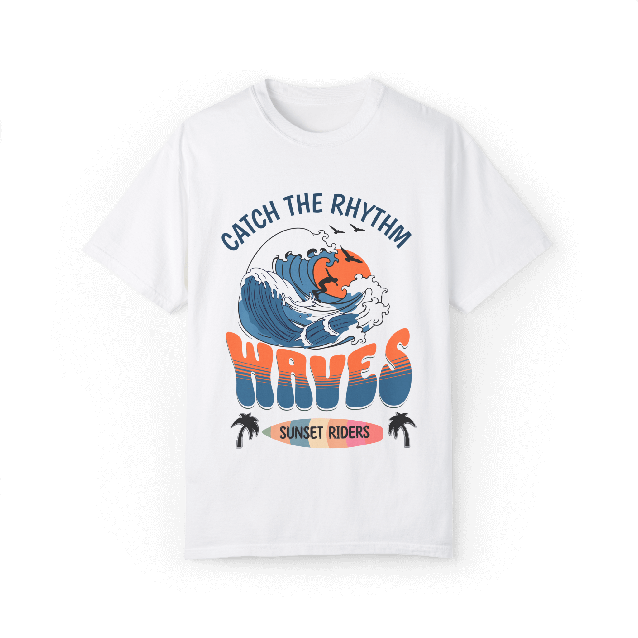 Waves Sunset Riders tee, a lifestyle comfort tee featuring graphic waves and sunset design for casual wear.
