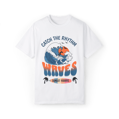Waves Sunset Riders tee, a lifestyle comfort tee featuring graphic waves and sunset design for casual wear.