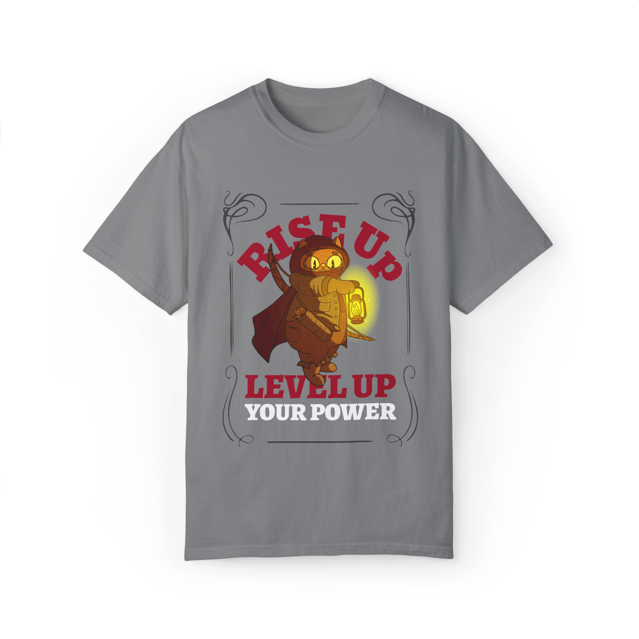 Gray T-shirt featuring a warrior cat illustration holding a glowing lantern with the bold text 'RISE UP, LEVEL UP YOUR POWER'.