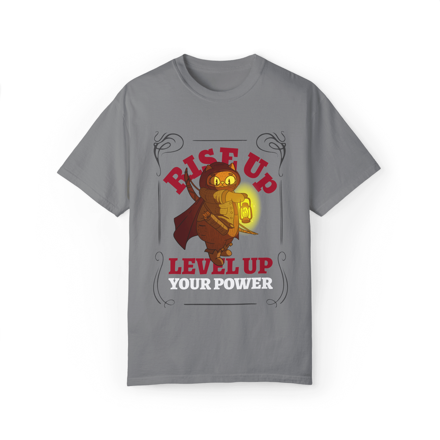 Gray T-shirt featuring a warrior cat illustration holding a glowing lantern with the bold text 'RISE UP, LEVEL UP YOUR POWER'.