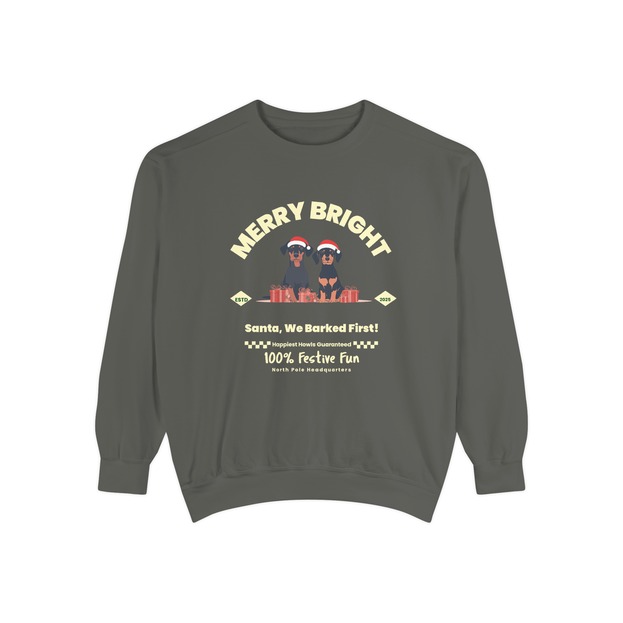 A gray Christmas-themed sweatshirt featuring the phrase 