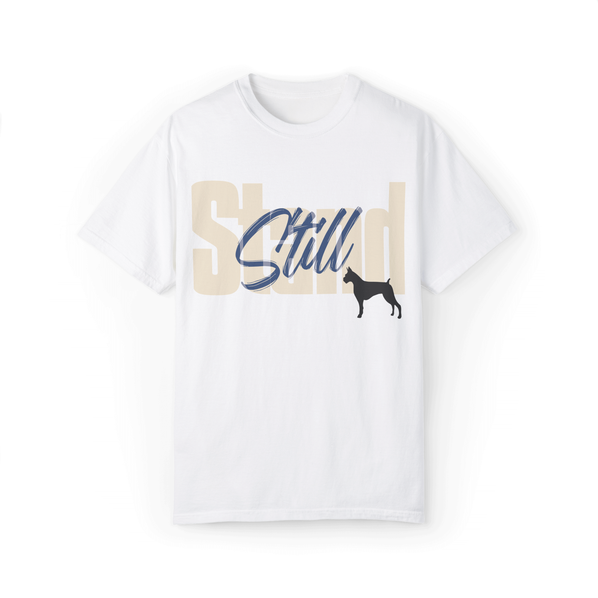 White T-shirt featuring bold typography reading 'Stand Still' in white and blue, with a black dog silhouette integrated into the design.