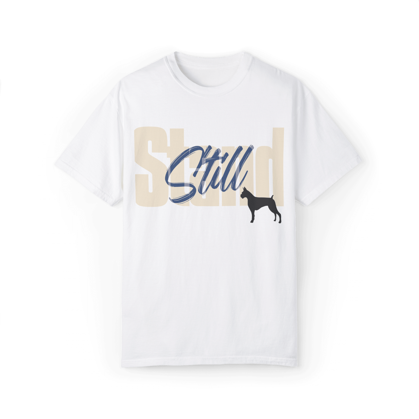 White T-shirt featuring bold typography reading 'Stand Still' in white and blue, with a black dog silhouette integrated into the design.