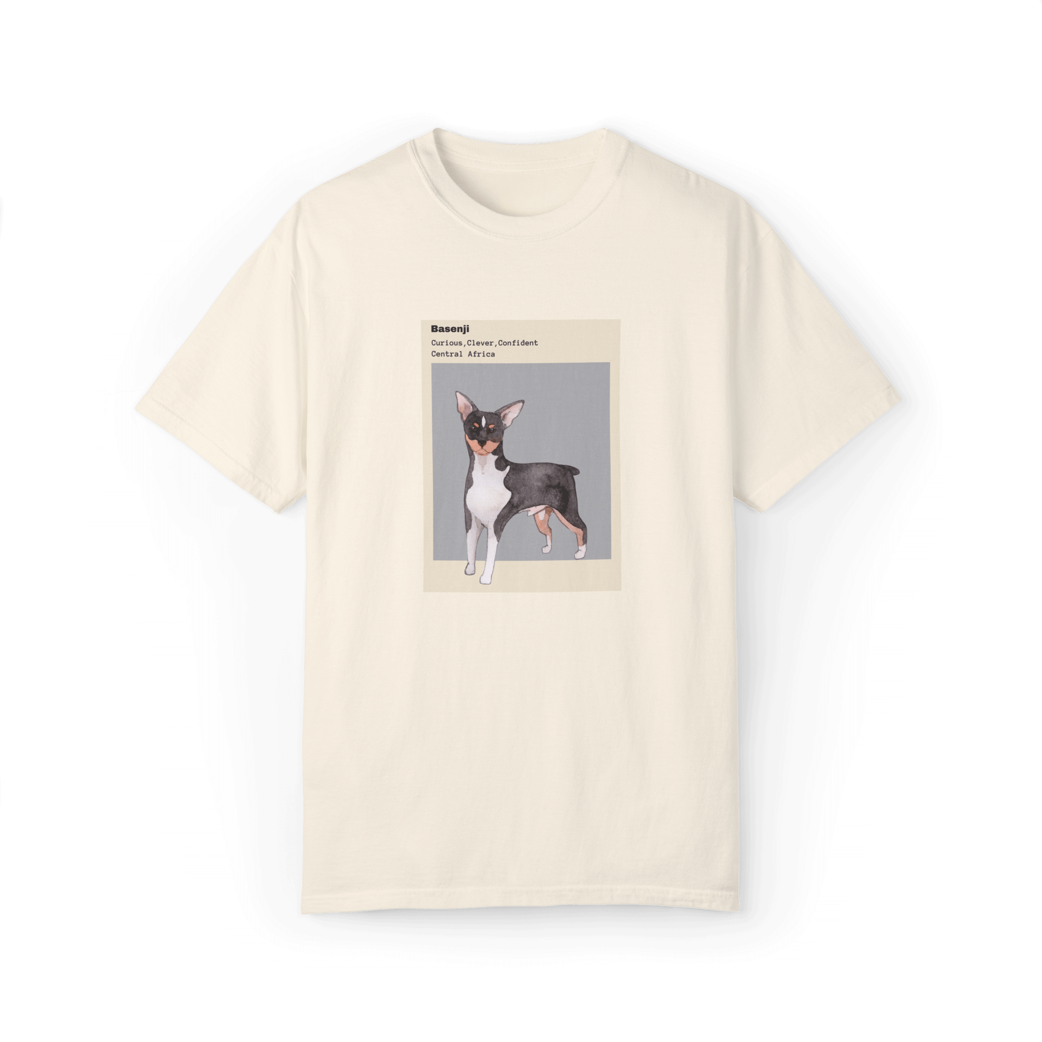 Beige T-shirt featuring a watercolor illustration of a Basenji dog with text highlighting its traits: 'Curious, Clever, Confident,' and its origin, 'Central Africa,' framed with a minimalist beige and gray design.