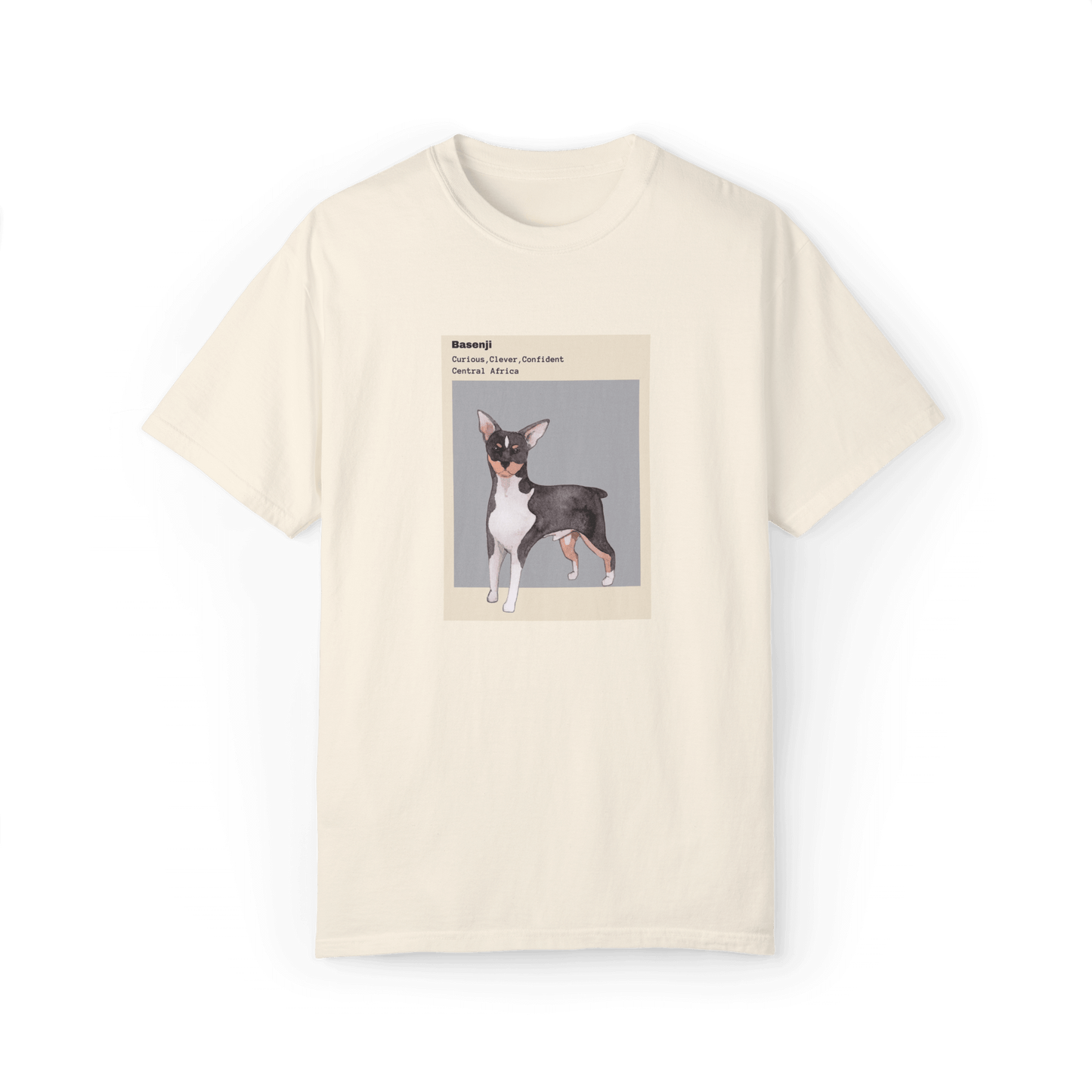 Beige T-shirt featuring a watercolor illustration of a Basenji dog with text highlighting its traits: 'Curious, Clever, Confident,' and its origin, 'Central Africa,' framed with a minimalist beige and gray design.