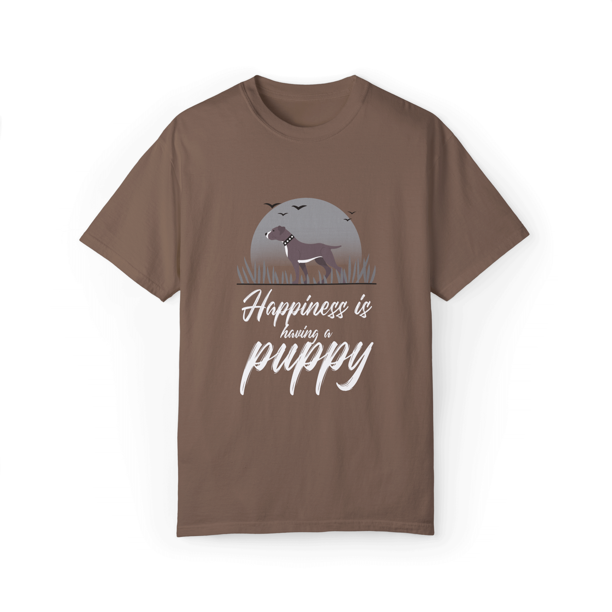 Brown T-shirt with a Pitbull puppy design under a gray moonlit background, featuring white text 'Happiness is having a puppy,' perfect for dog lovers.