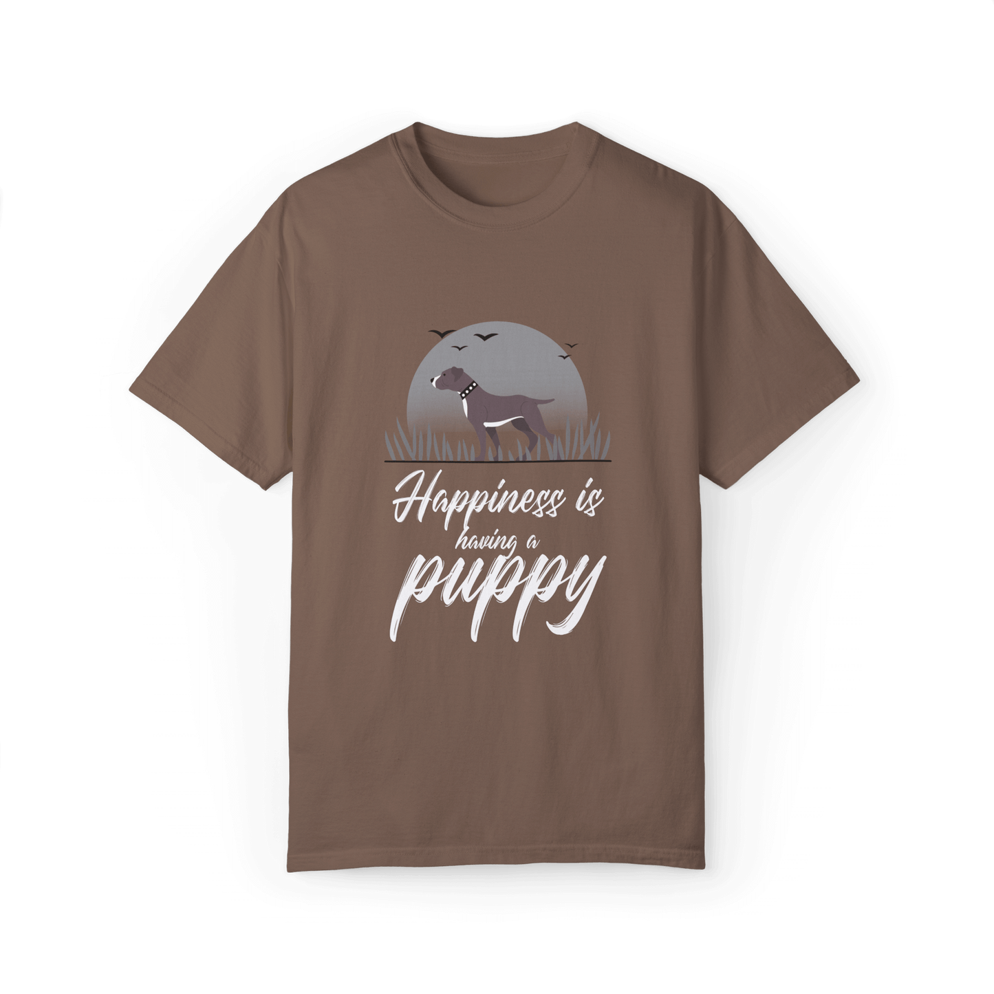 Brown T-shirt with a Pitbull puppy design under a gray moonlit background, featuring white text 'Happiness is having a puppy,' perfect for dog lovers.