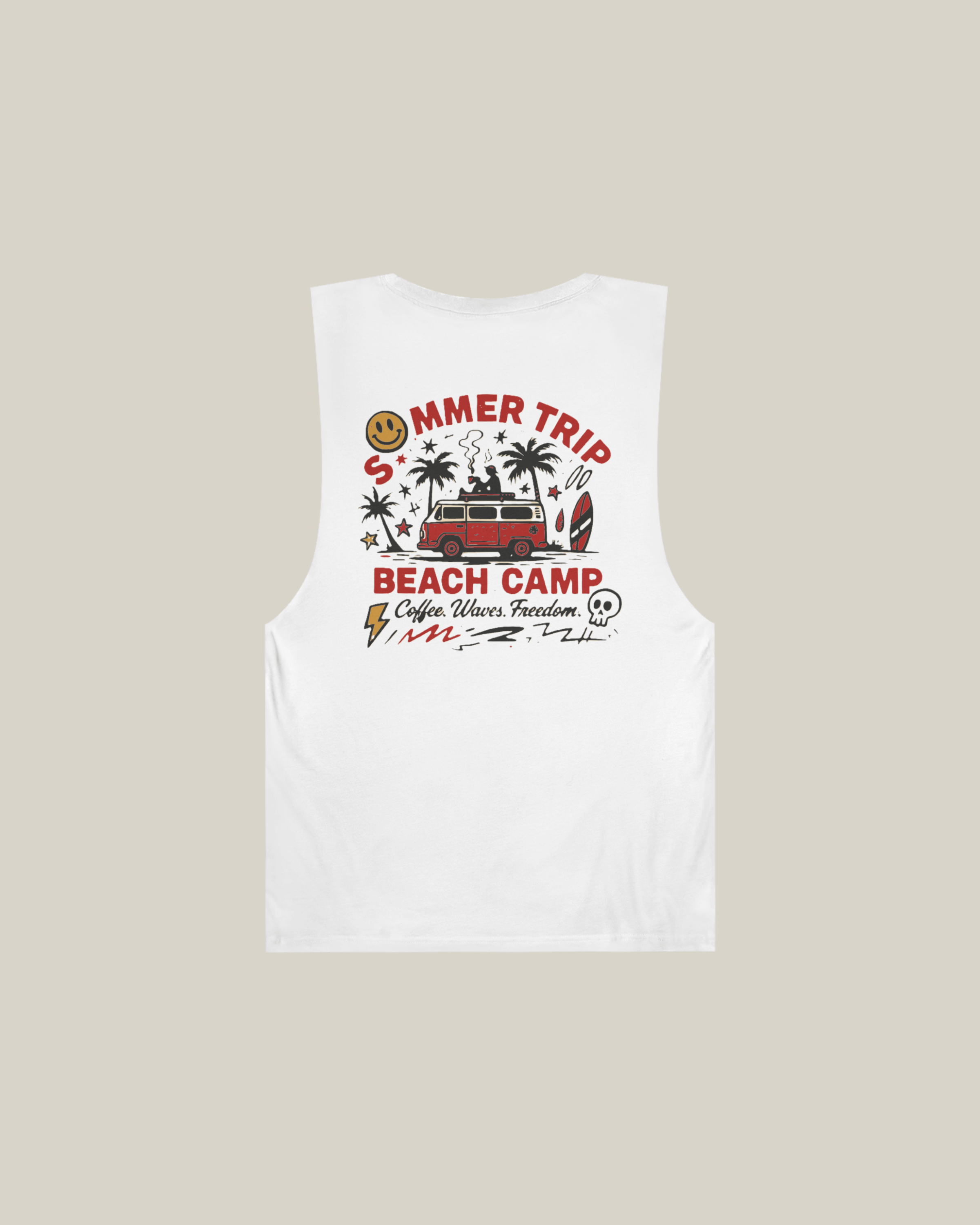 Red graphic design on white sleeveless tank top featuring 'Summer Trip Beach Camp' artwork.