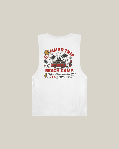Red graphic design on white sleeveless tank top featuring 'Summer Trip Beach Camp' artwork.