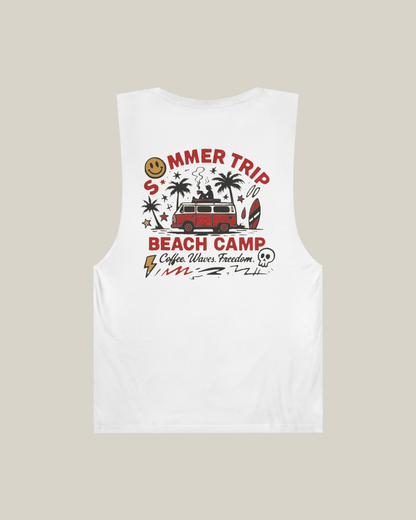Taily Summer Trip Tank – Red Graphic, a streetwear graphic tank with bold summer trip print and beach camp theme.