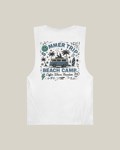 Taily Summer Trip Tank – Blue Graphic, a streetwear graphic tank featuring bold beach camp artwork.