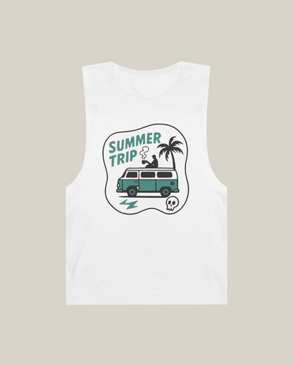 Streetwear graphic tank featuring bold 'Summer Trip' graphic with a van and palm trees.