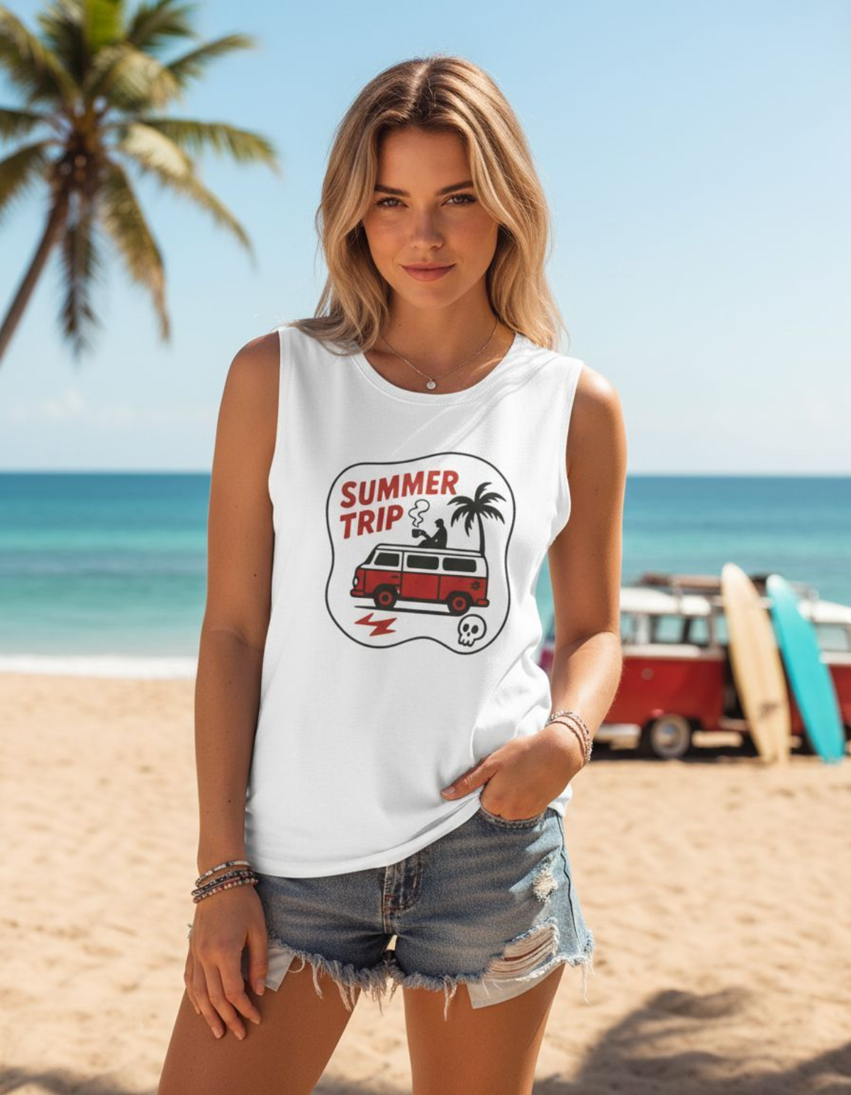 Model wearing Taily Summer Trip Tank, a streetwear graphic tank featuring bold red artwork at the beach.