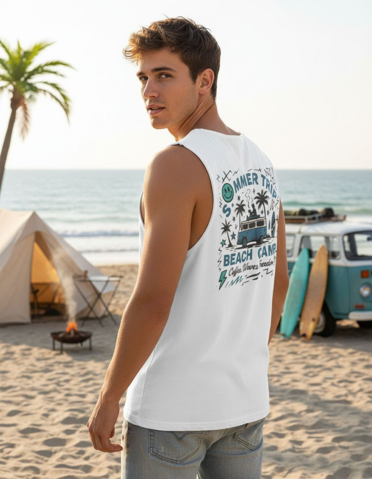 Man wearing a Taily Summer Trip Tank, a streetwear graphic tank, showing back design at the beach.