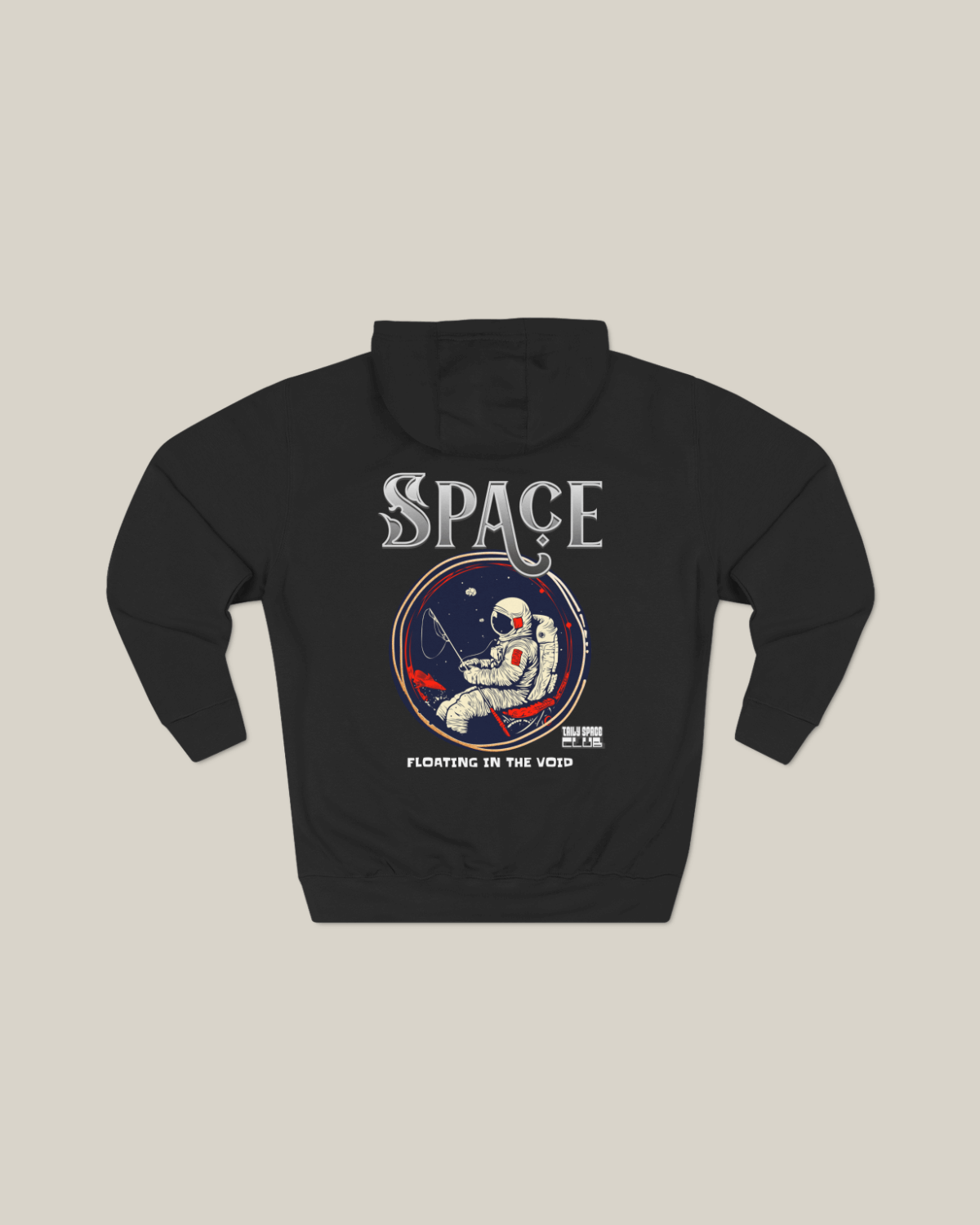 Taily Space Club Streetwear Graphic Hoodie in black featuring astronaut design and 'Floating in the Void' text.