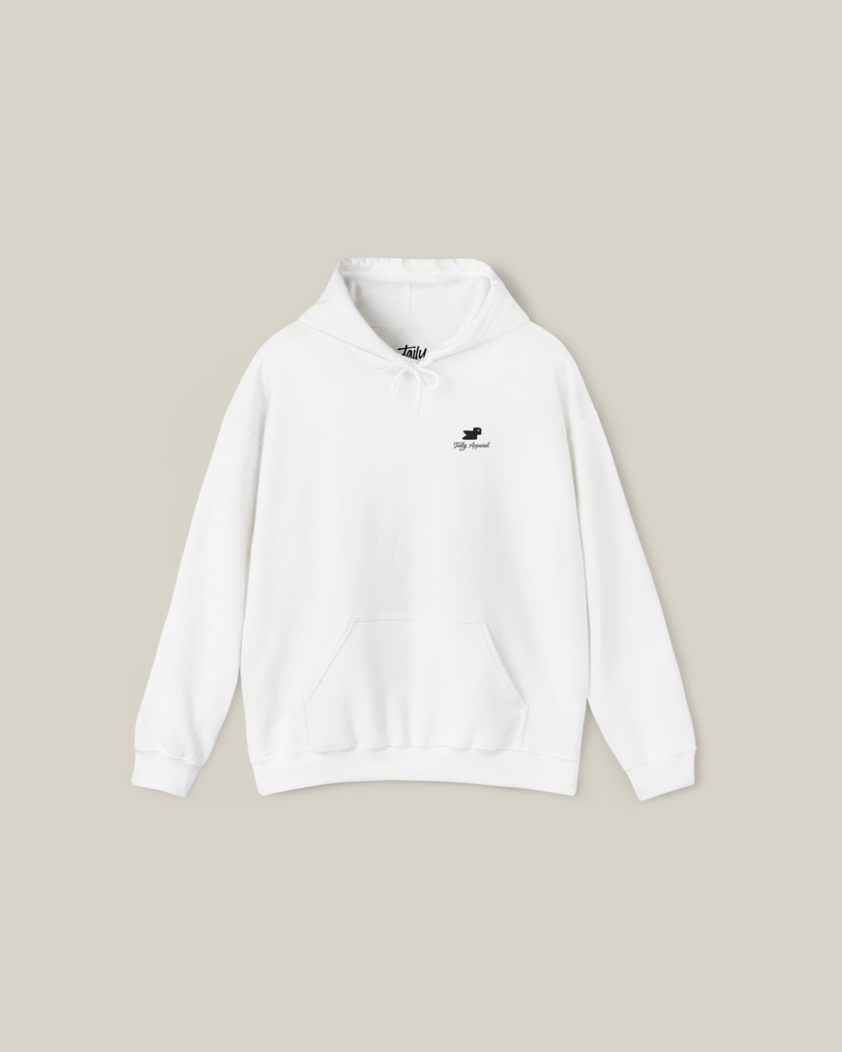 Taily Bird embroidered hoodie in white displayed against a neutral background, showcasing modern streetwear style.