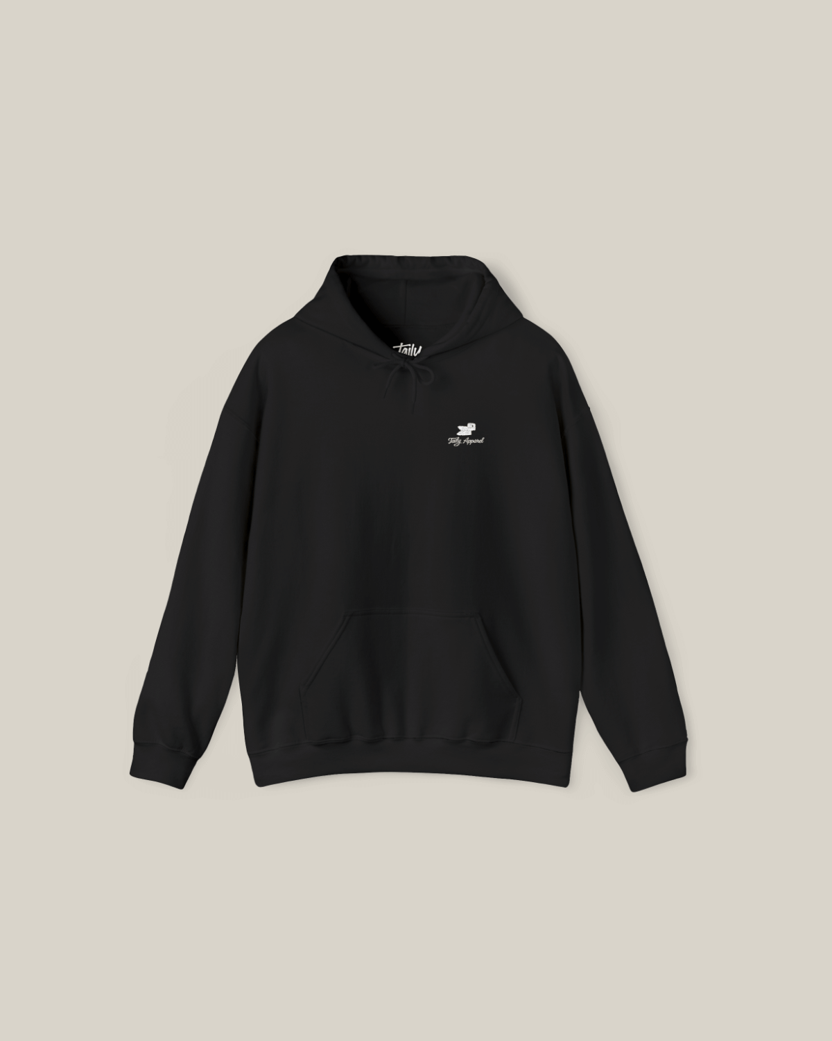 Taily Bird embroidered hoodie in black with small bird embroidery on chest, showcasing minimal streetwear style.