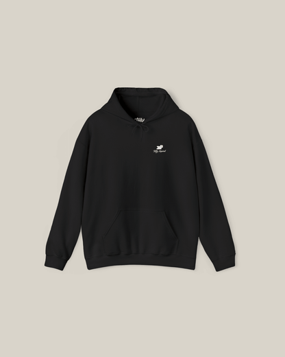 Taily Bird embroidered hoodie in black with small bird embroidery on chest, showcasing minimal streetwear style.
