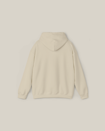 Taily Bird Embroidered Hoodie Indigo Blue Minimal Streetwear back view in soft sand color.