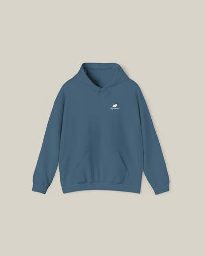 Taily Bird embroidered hoodie in indigo blue, minimal streetwear style with chest embroidery and relaxed fit.